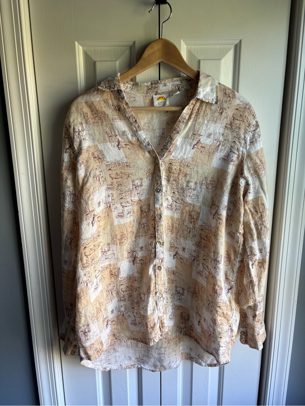 C&C California Womens Linen Button Down Roll Tab Sleeve Italian Travel Size L